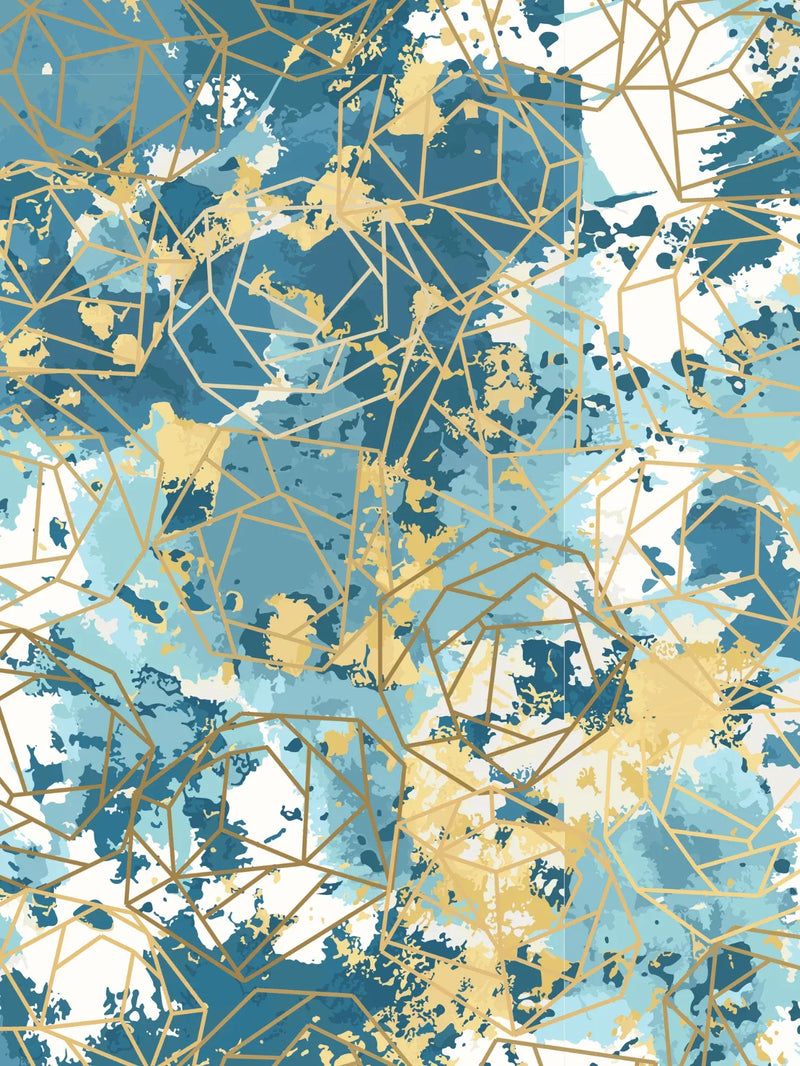 Abstract fabric with blue, white, and gold splatters, overlaid with gold geometric lines.