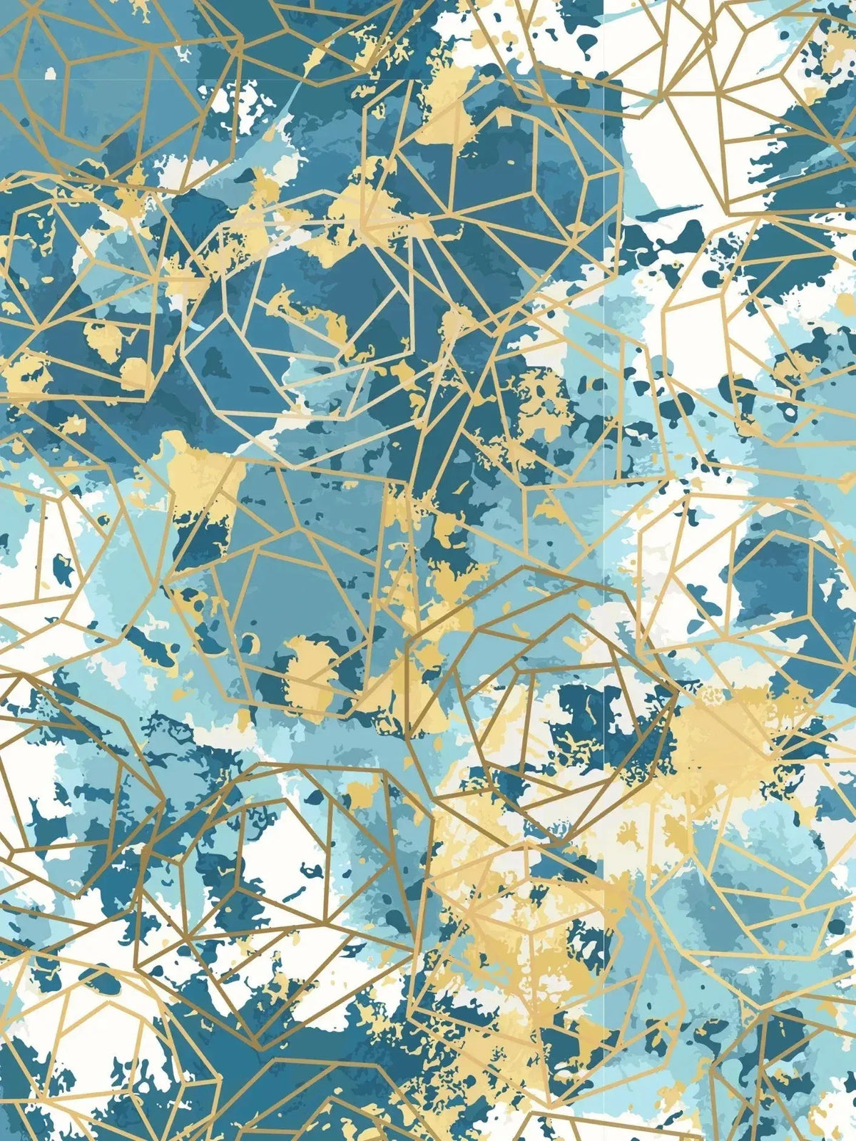 Teal and gold abstract geometric print on faith-based fabric.