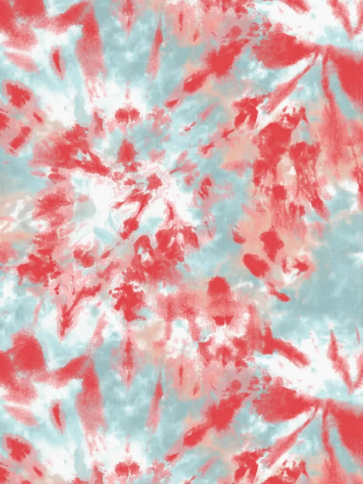 Tie-dye fabric with a red and light blue swirl pattern.