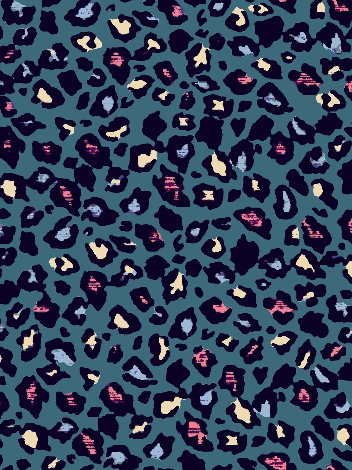 A teal fabric with a leopard print in dark blue, light blue, pink, and cream.