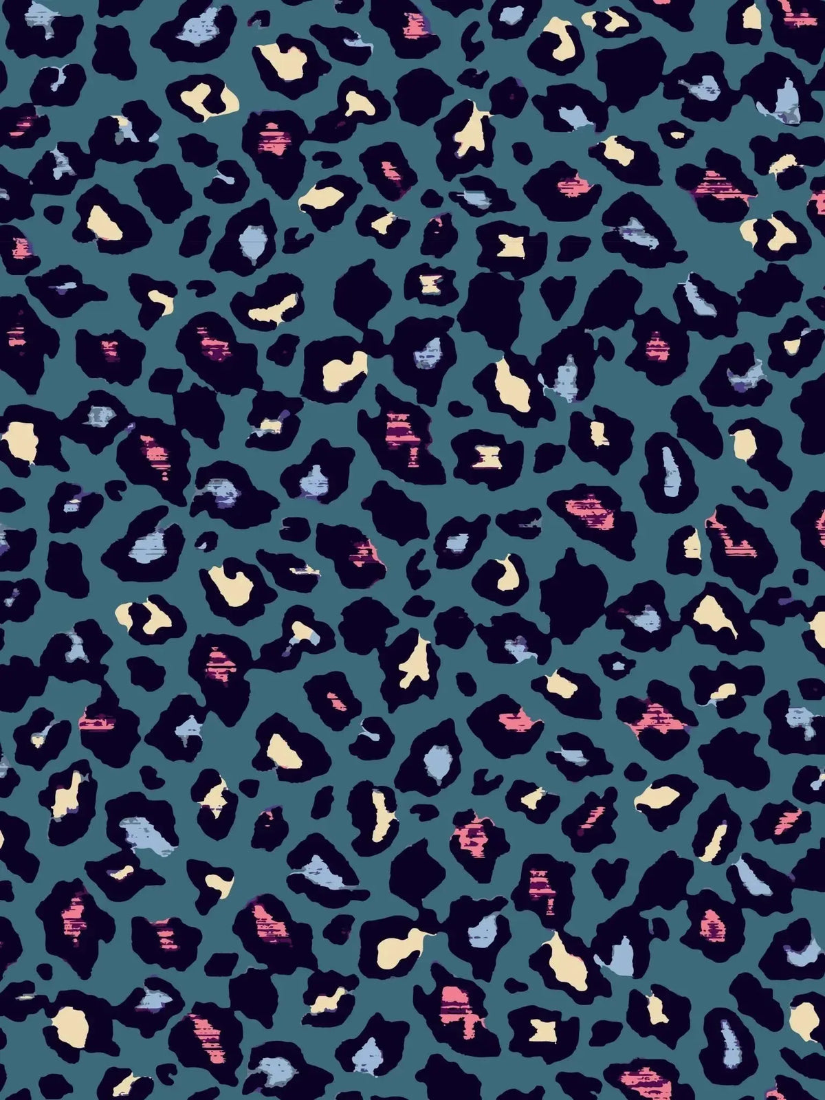 Teal leopard animal print fabric with green and pink accents.