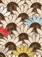 A seamless pattern of outlined sunflowers with some petals colored red, blue, and yellow.