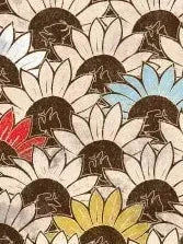 Vibrant sunflower print fabric with white, blue, yellow, and red flowers on a patterned background.