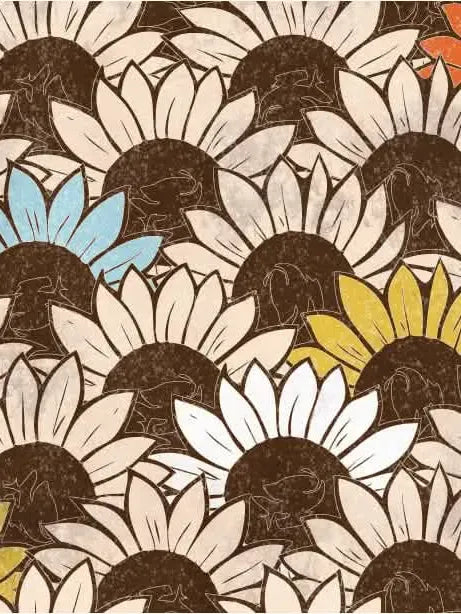 A seamless pattern of sunflowers with petals in cream, blue, yellow, and white.