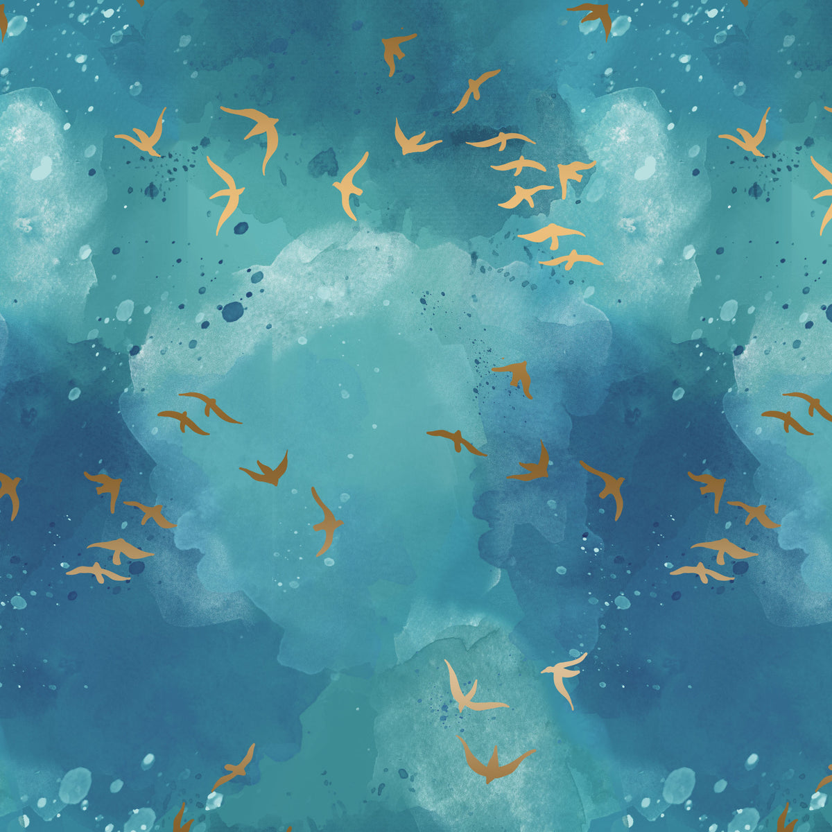 Pattern of orange birds on a blue and green watercolor background
