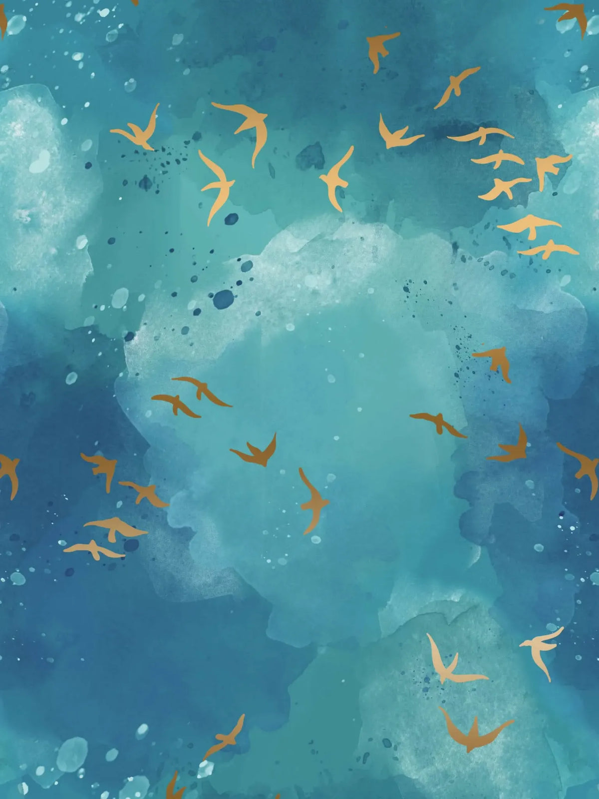 Dark teal fabric with golden birds flying across a watercolor-like background.