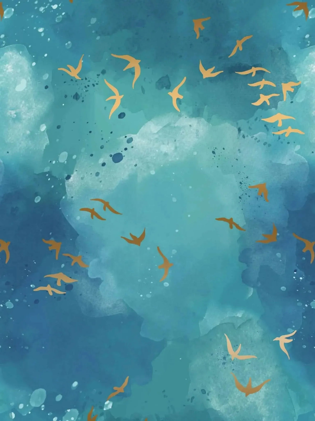 Dark teal fabric with abstract watercolor gold birds in flight.