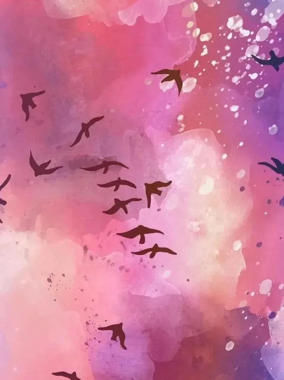 Watercolor background with silhouetted birds flying across a pink and purple sky.