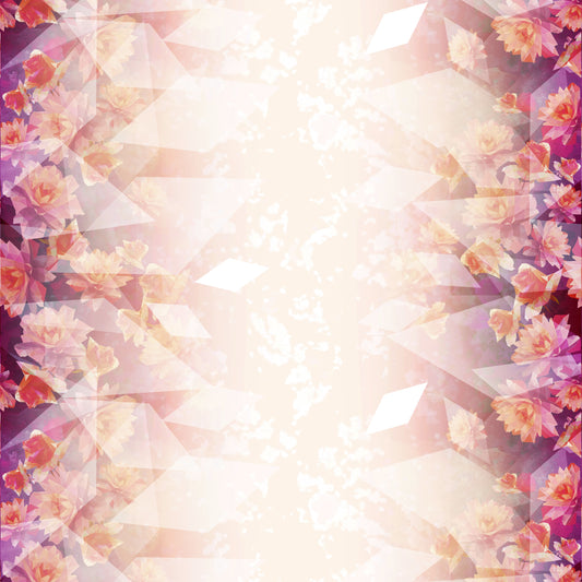 Large geometric flowers in shades of orange, red, pink and purple boarder a print with overlayed diamond shapes that create a stained glass effect.