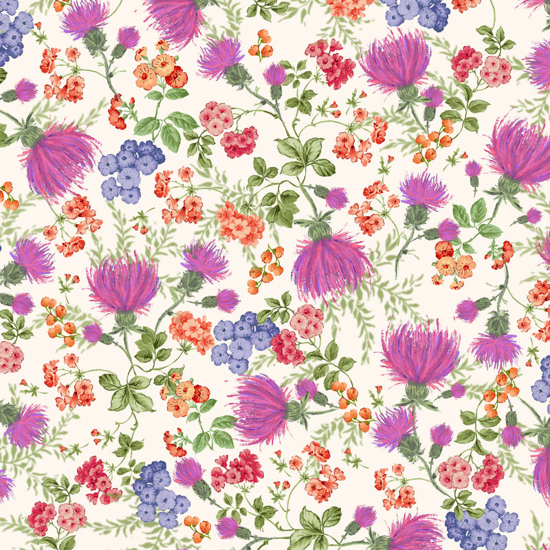Colorful floral pattern with pink, purple, red, and blue flowers on a white background