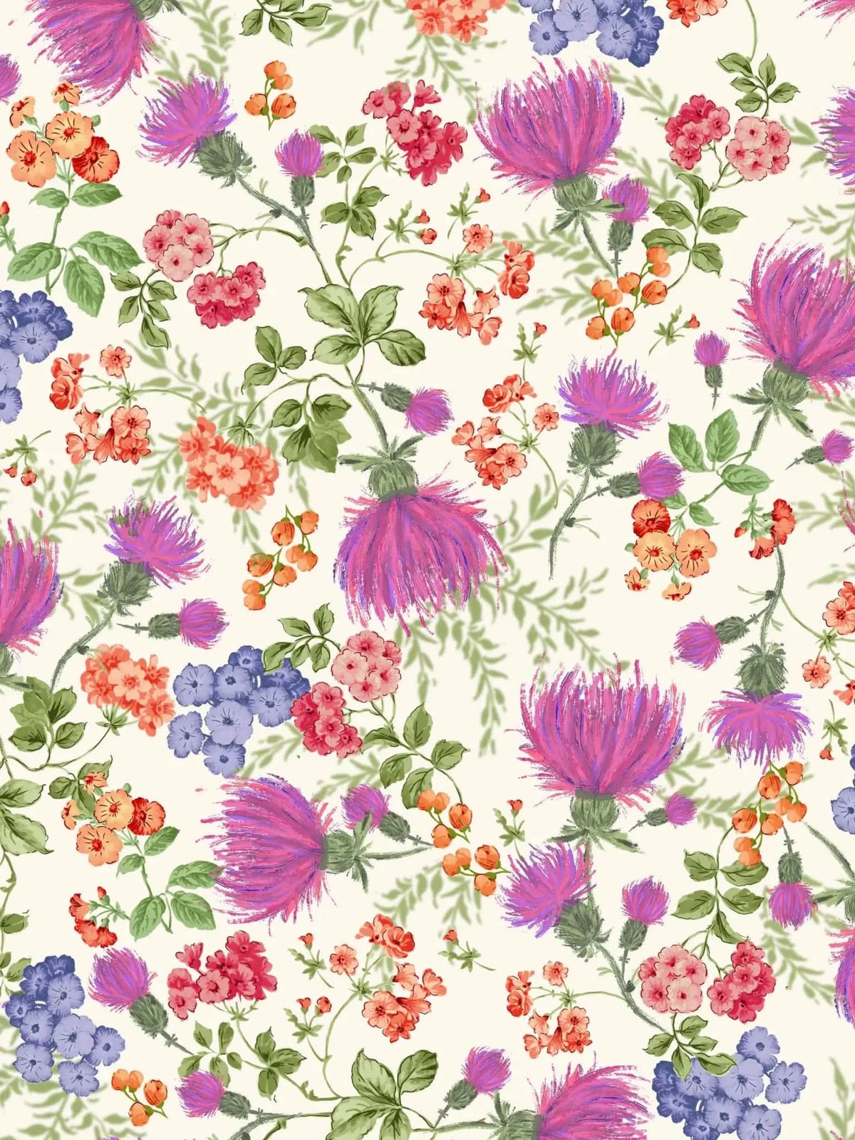 A fabric with a repeating pattern of purple thistles and various colorful flowers.