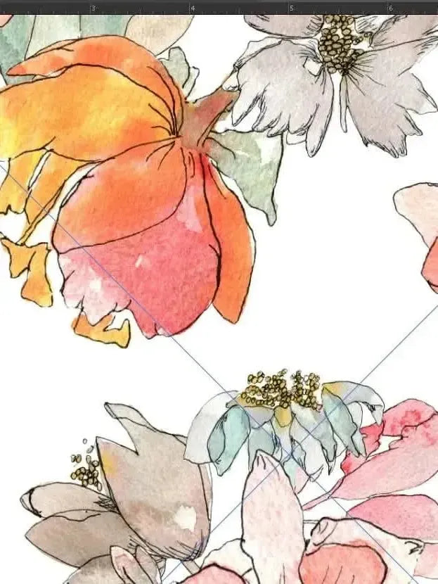 Watercolor-style floral print fabric with tossed orange, pink, and purple flowers on white background.