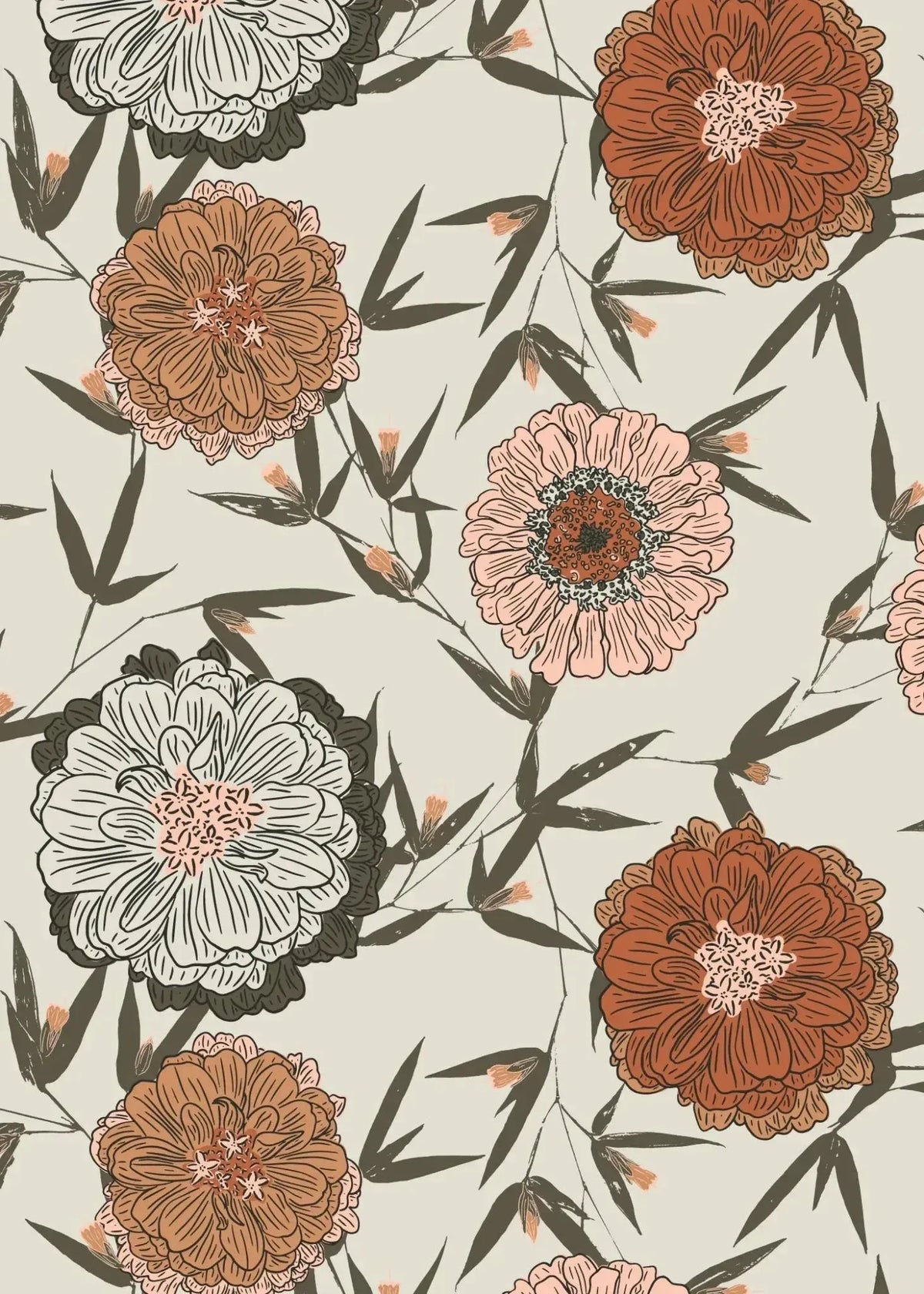 Twilight Bramble Floral Fabric with white background, pink and orange flowers, and bamboo stems.