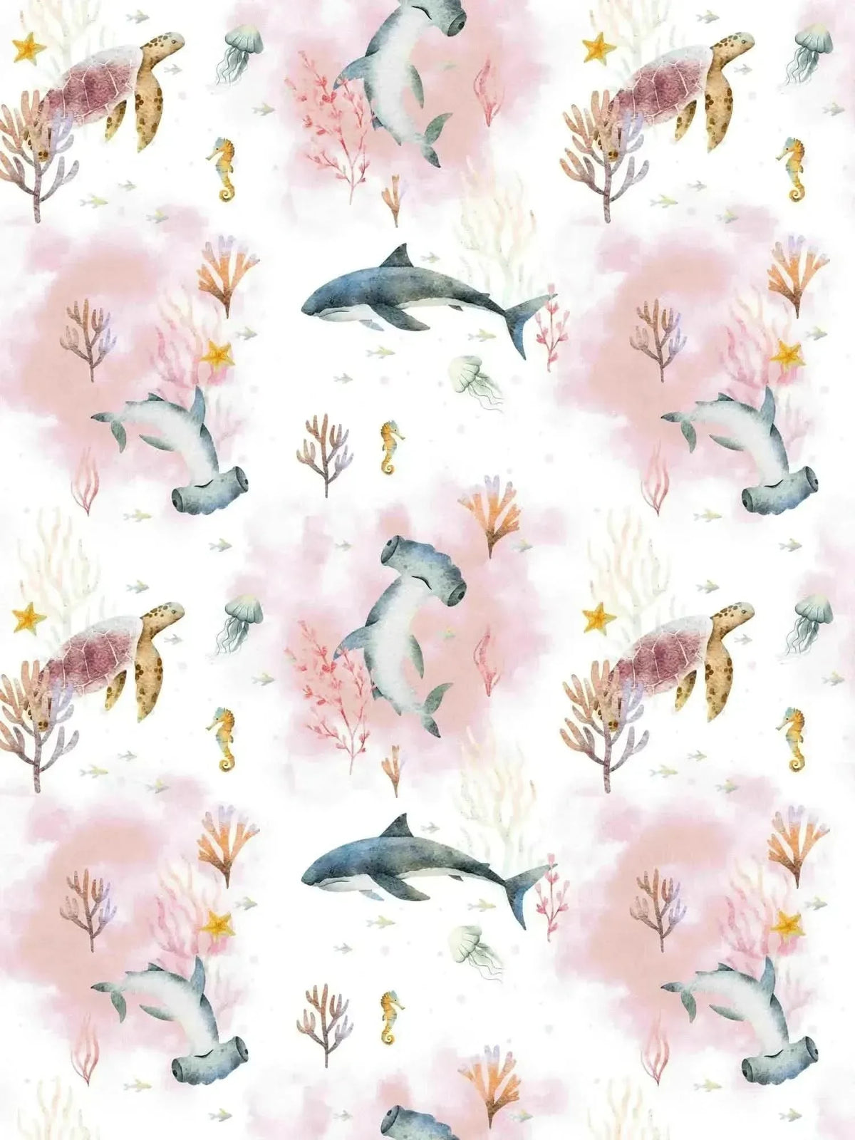 A white fabric with a repeating watercolor pattern of sea creatures and coral in pink and blue.