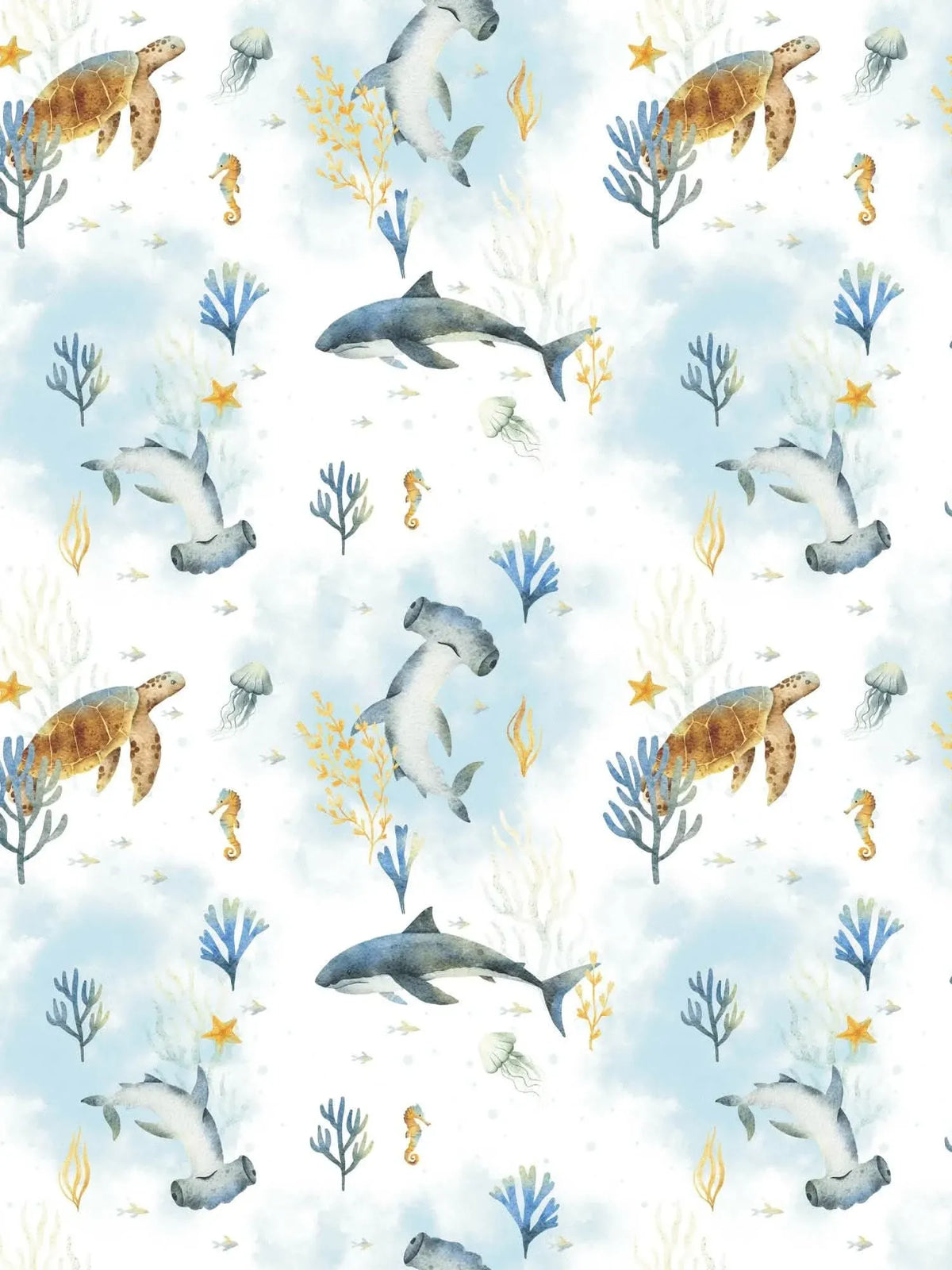 Fabric with an underwater pattern featuring sharks, turtles, jellyfish, and coral on a blue background.