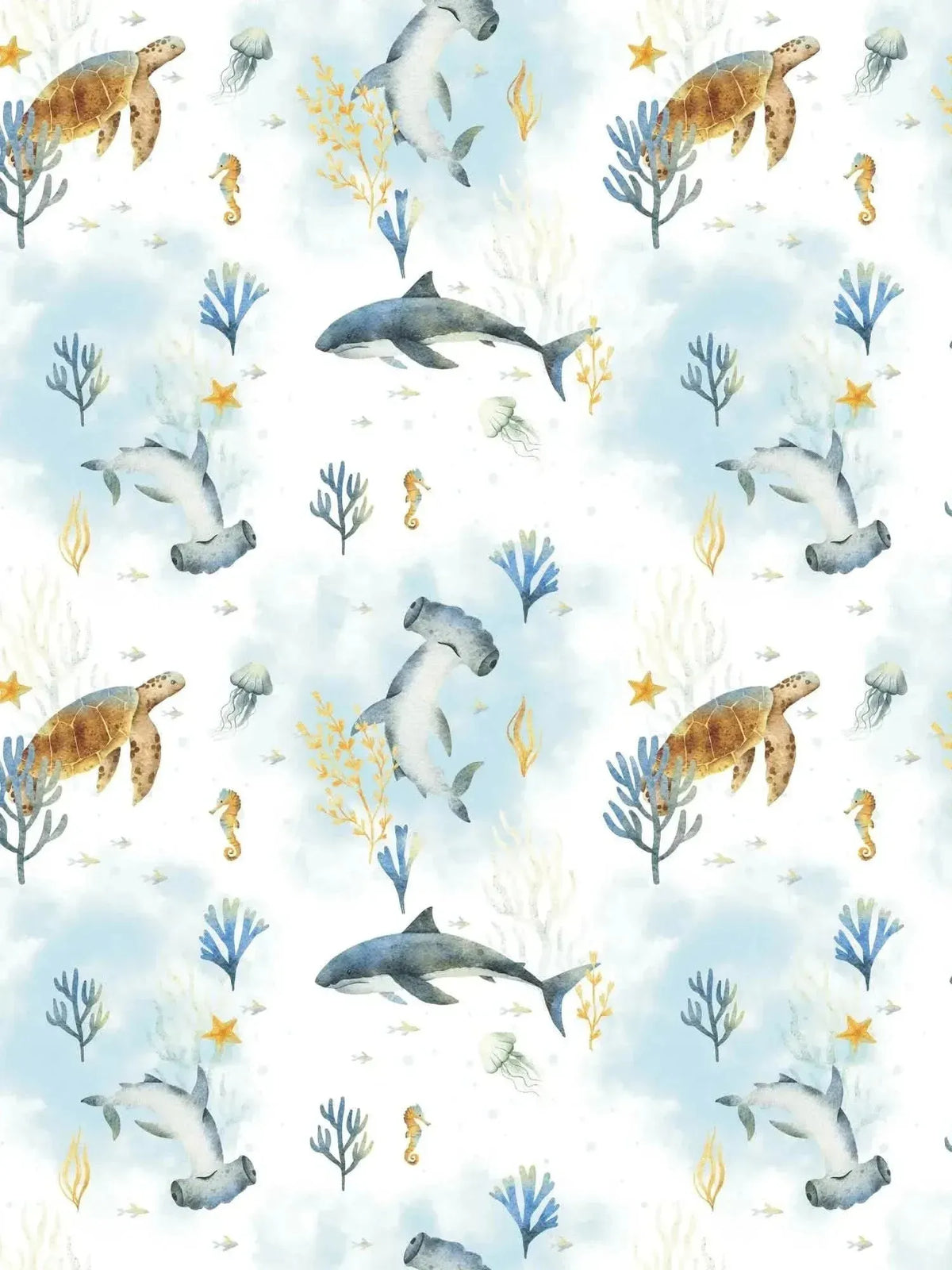 Blue aquatic print fabric featuring turtles, sharks, seahorses, and coral on a light blue background.