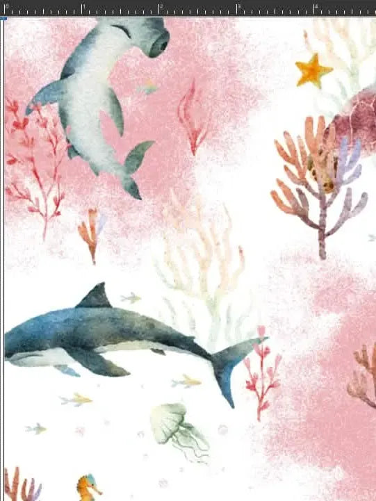 Fabric with a pink watercolor "Under The Sea" pattern featuring sharks, a turtle, and coral.