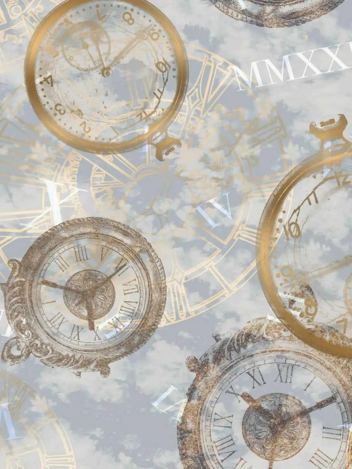 A fabric print features gold and white antique clocks on a cloudy blue background.