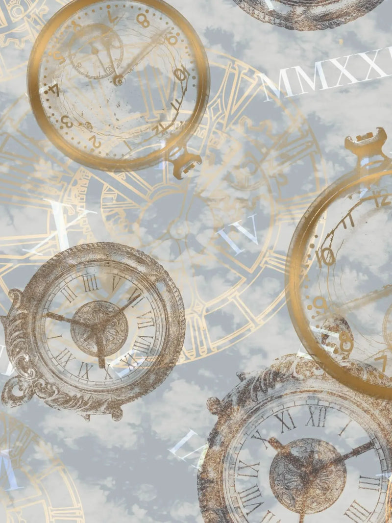 A fabric print features gold and white antique clocks on a cloudy blue background.