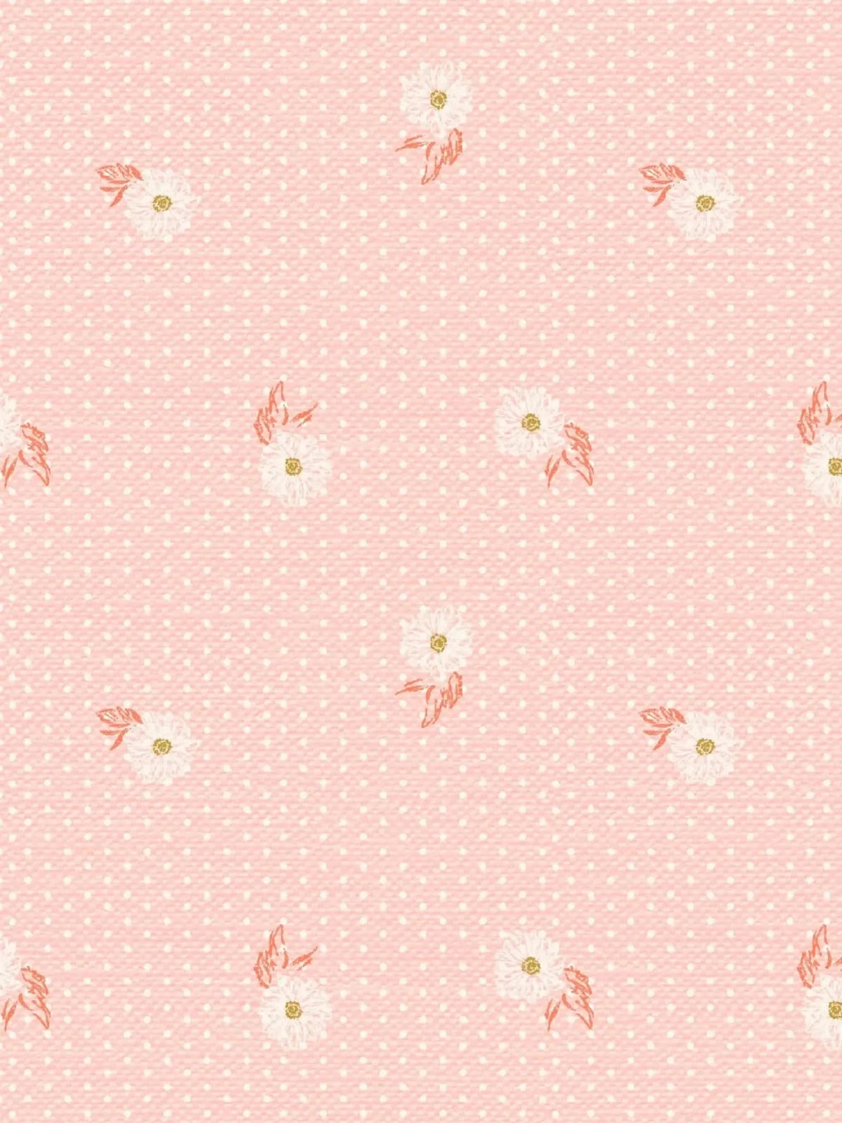 Pink athletic knit fabric with white polka dots and scattered white flowers with orange leaves.