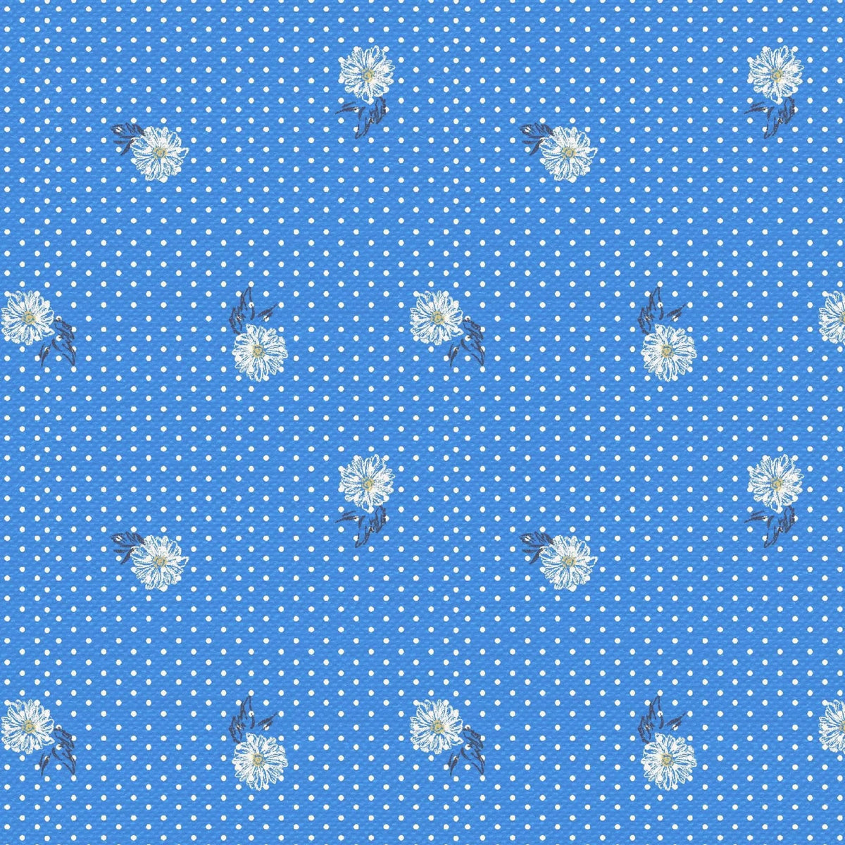 Blue fabric with white polka dots and scattered white flowers.