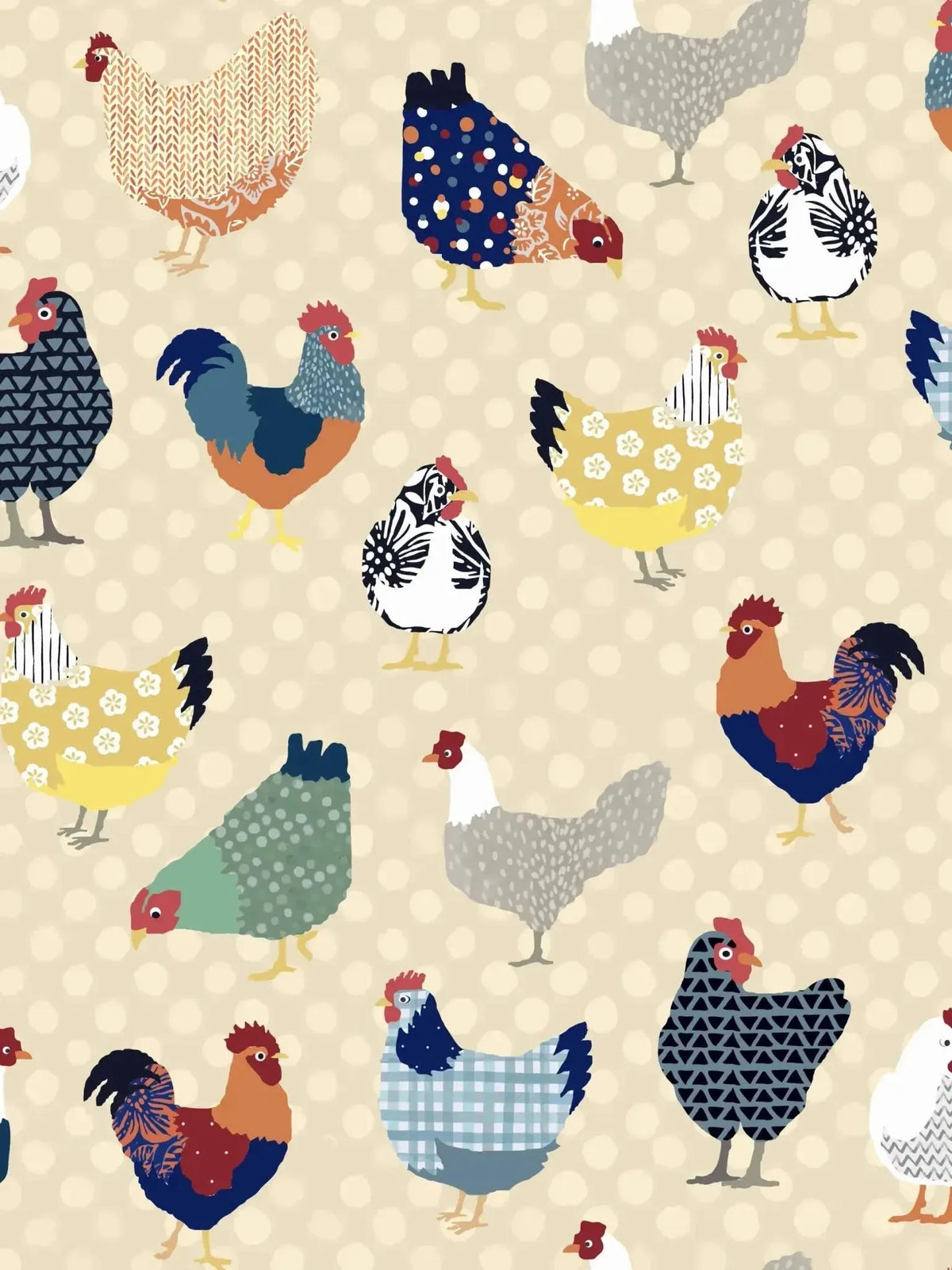 Colorful patchwork chicken print on beige dotted fabric.