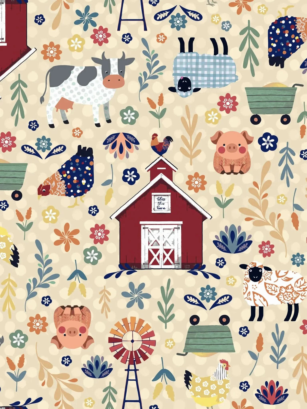 A fabric with a repeating pattern of farm animals, barns, and flowers on a light background.