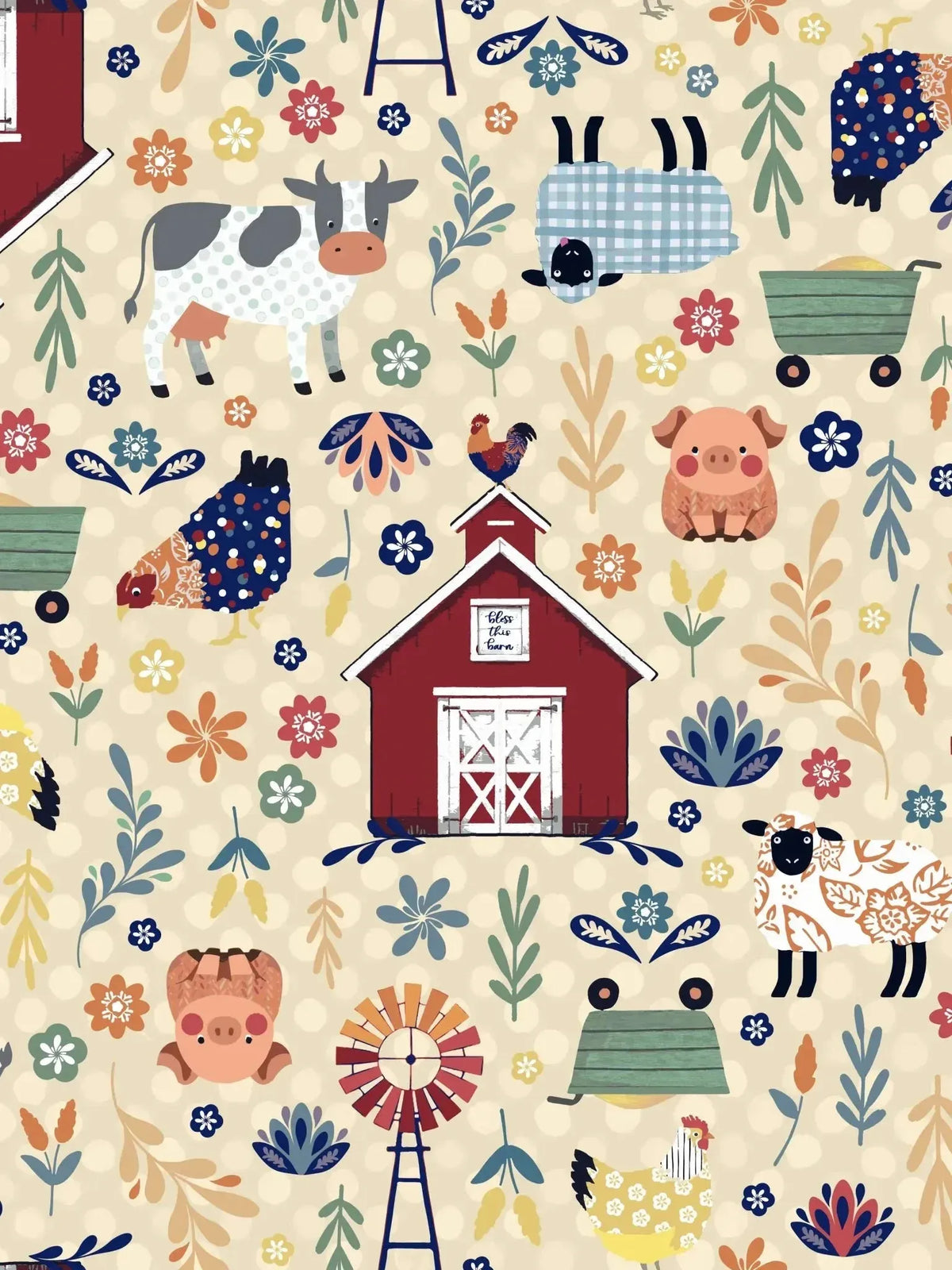 Colorful fabric print featuring farm animals, barn, windmill, and flowers on cream background.