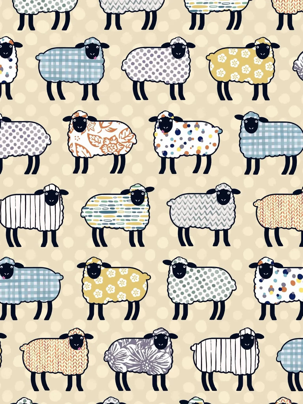 A seamless pattern of cartoon sheep with various colorful patterns on a light background.