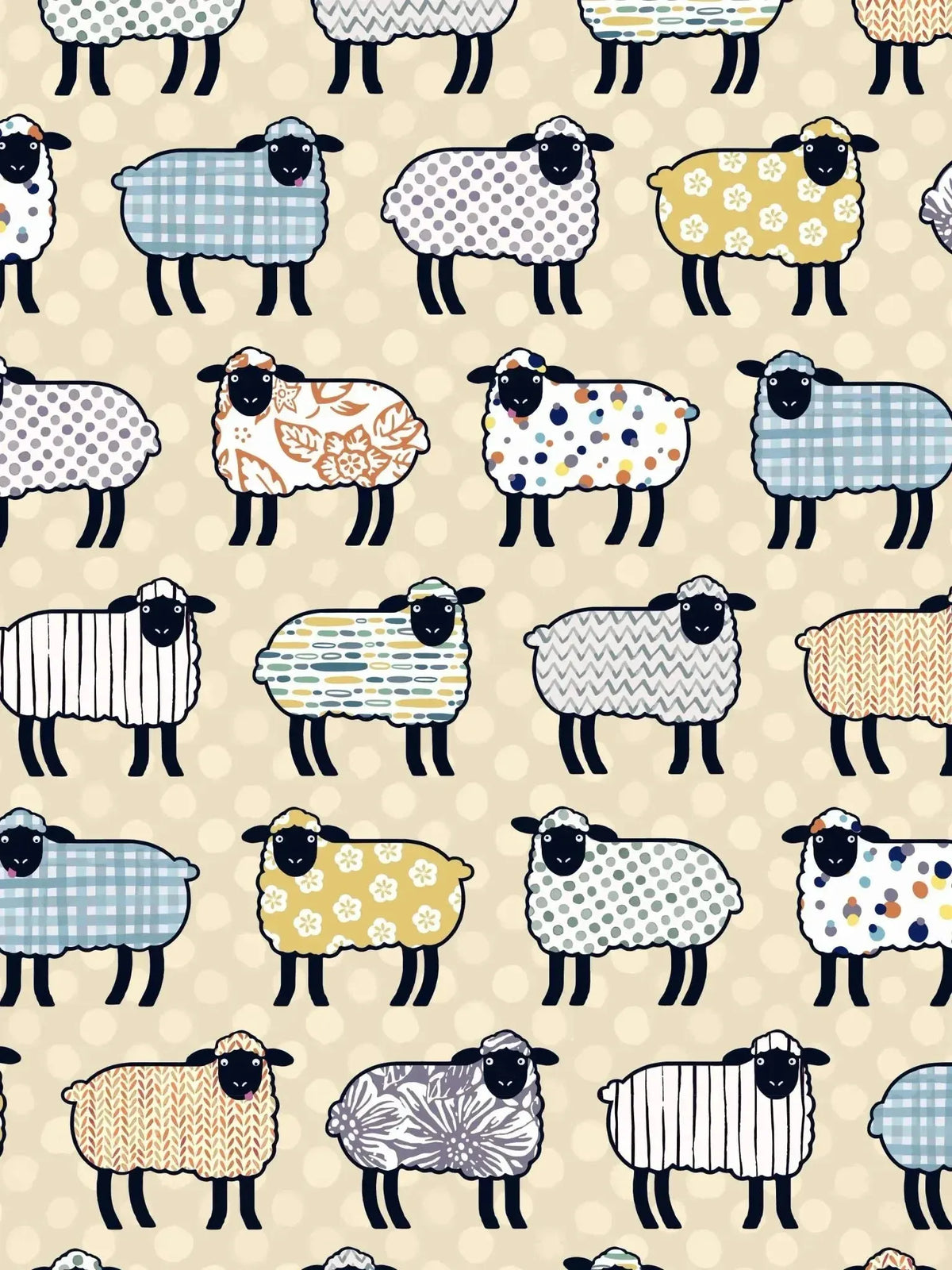 Patchwork print fabric with colorful patterned sheep on cream background.