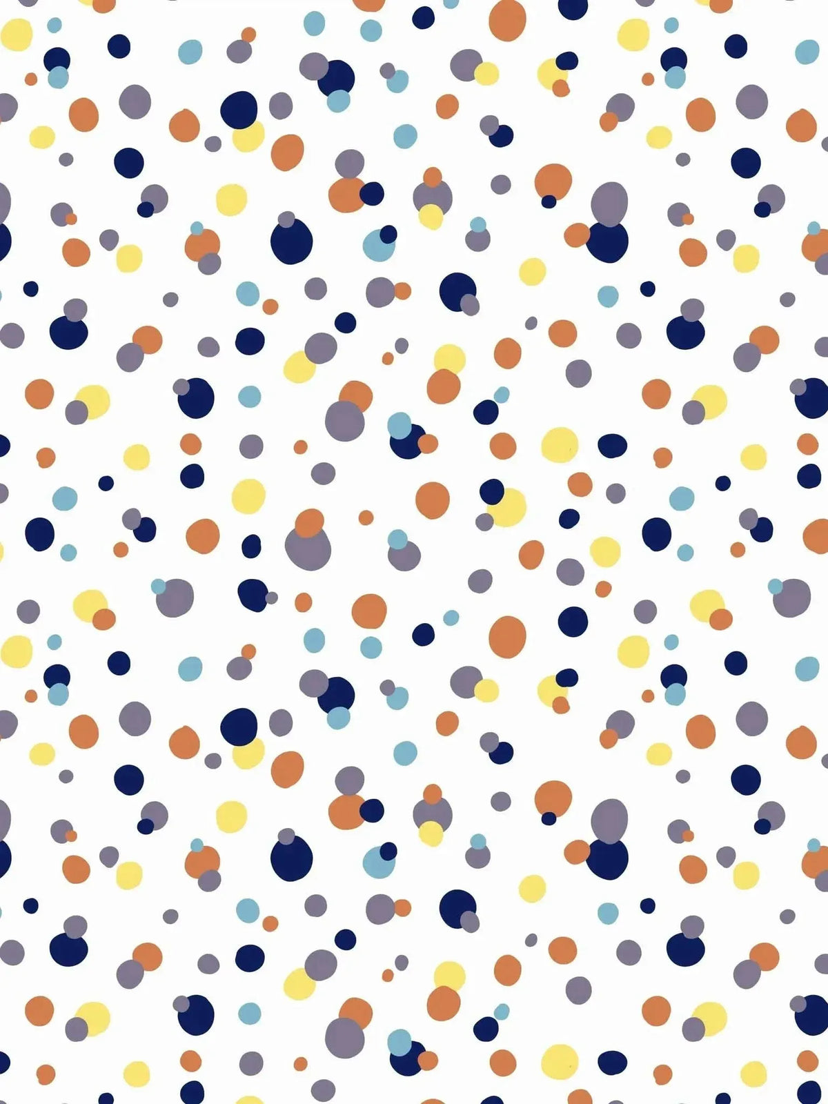 Fabric with a white background and colorful polka dots.