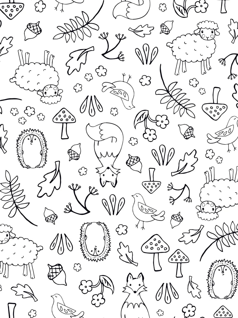 Black and white line art of woodland animals and plants on a white background.