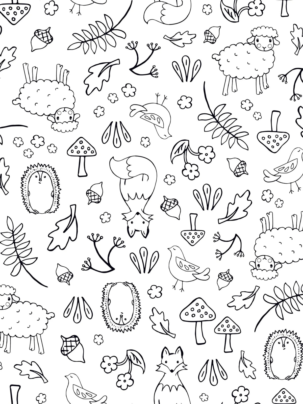 A black and white line drawing of woodland creatures, leaves, and mushrooms.