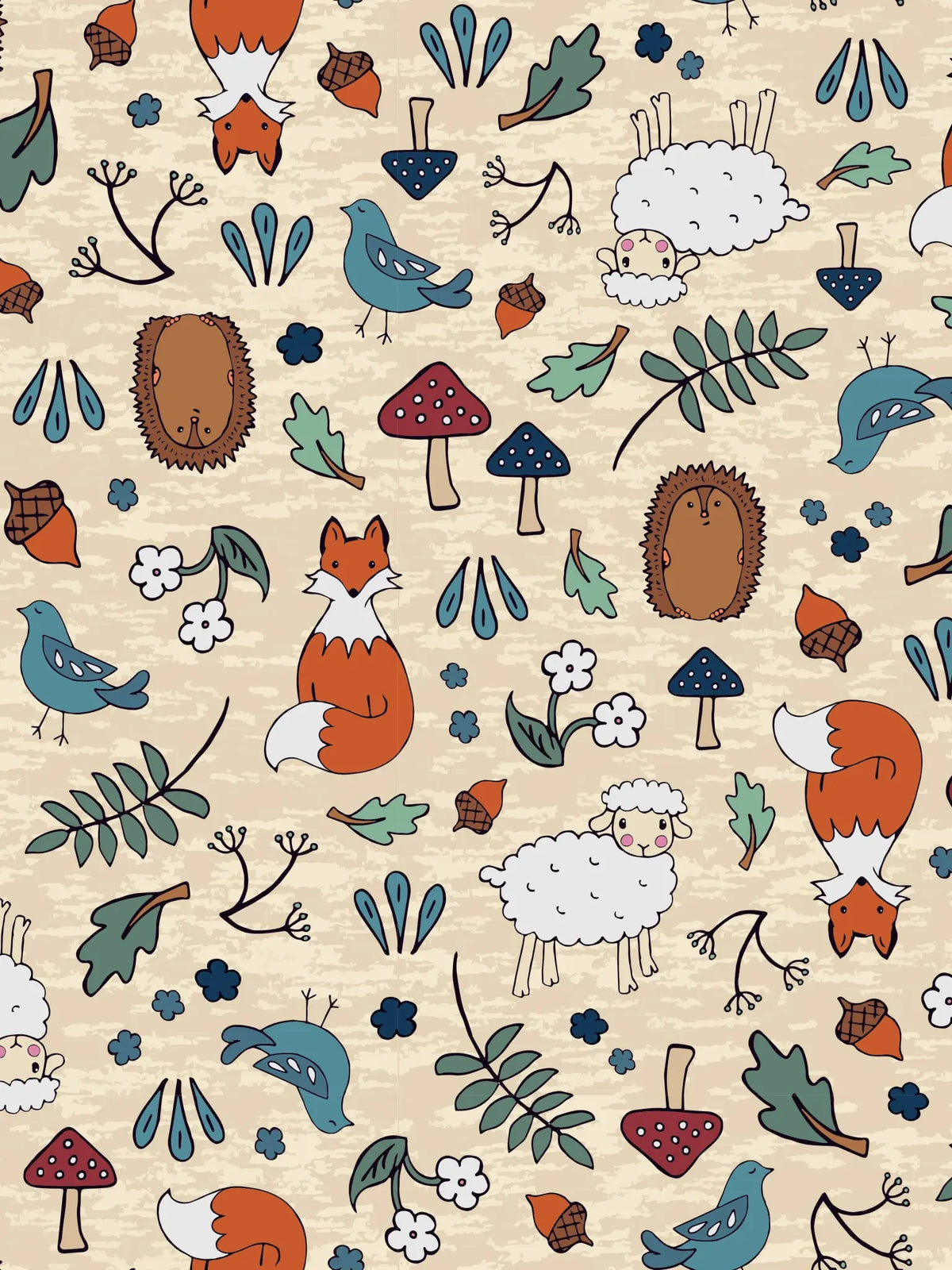 A fabric with a pattern of woodland creatures, mushrooms, and leaves on a sandy background.