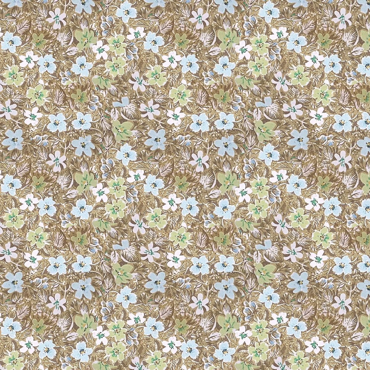 Brown wallpaper with a pattern of light blue, white, and green flowers and leaves.