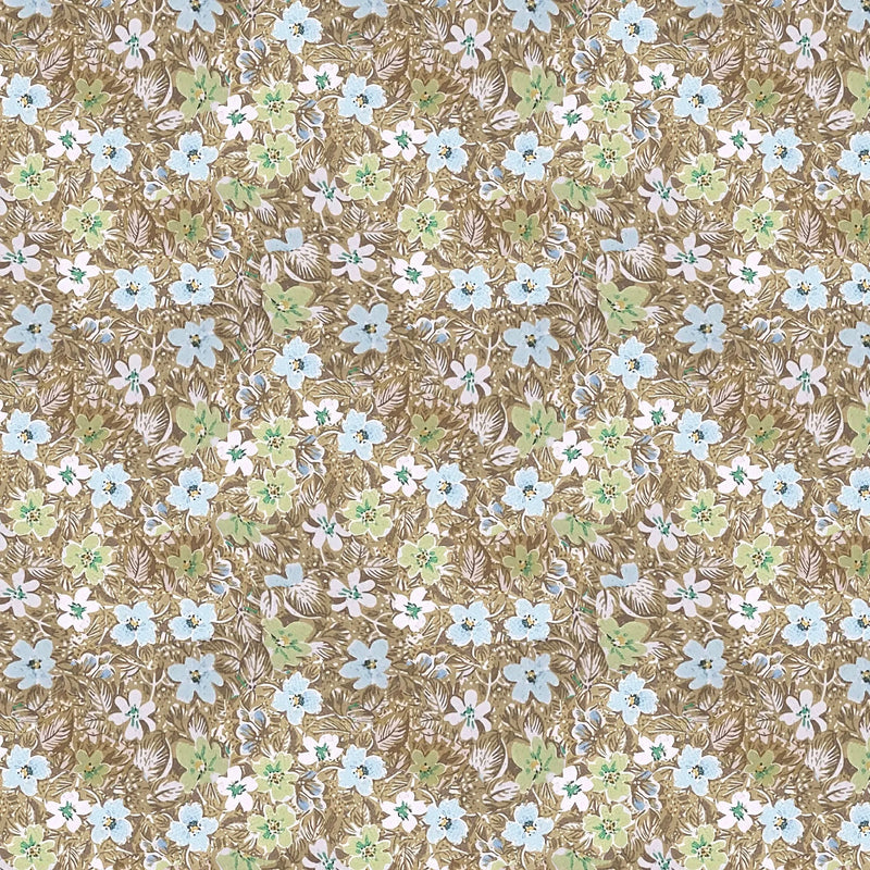 Brown wallpaper with a pattern of light blue, white, and green flowers and leaves.