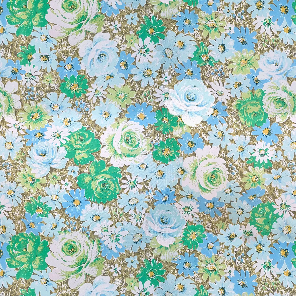 Wallpaper with a pattern of blue, green, and white flowers on a brown background.