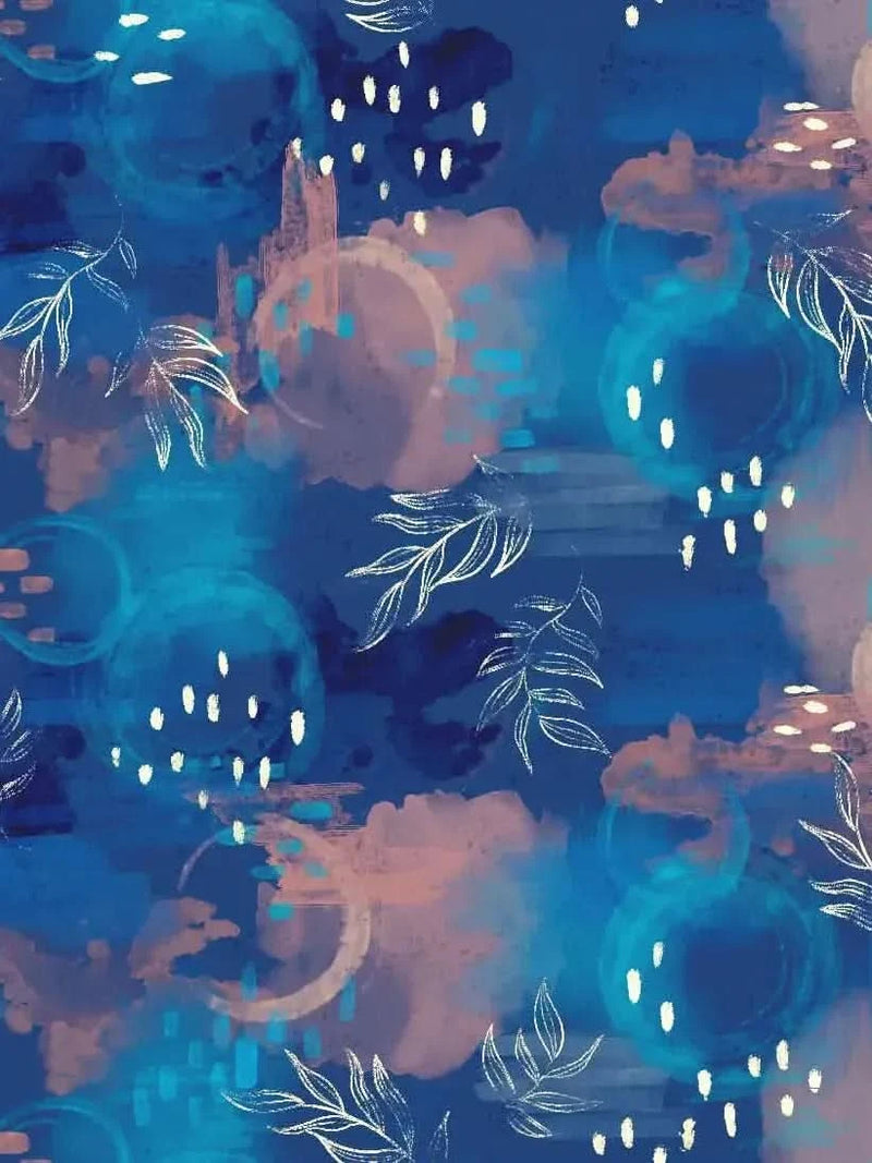 An abstract pattern with blue, teal, and brown watercolor splotches, white dots, and leaves.