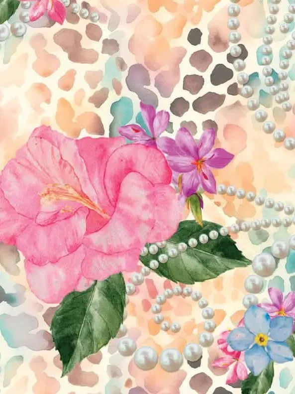 A watercolor fabric print features pink and purple flowers, green leaves, pearls, and leopard spots.