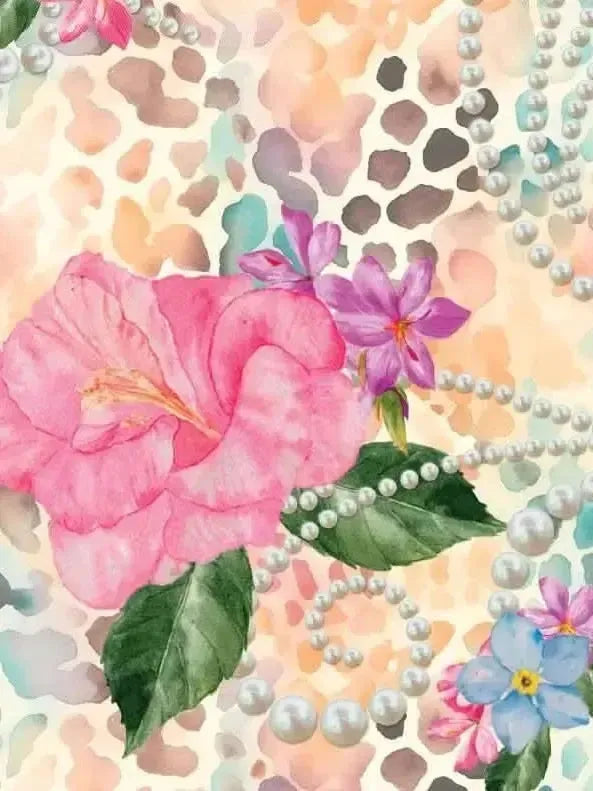 Vibrant tropical fabric with pink hibiscus flowers, purple orchids, blue forget-me-nots, pearl strands, and leopard spots on a cream background.