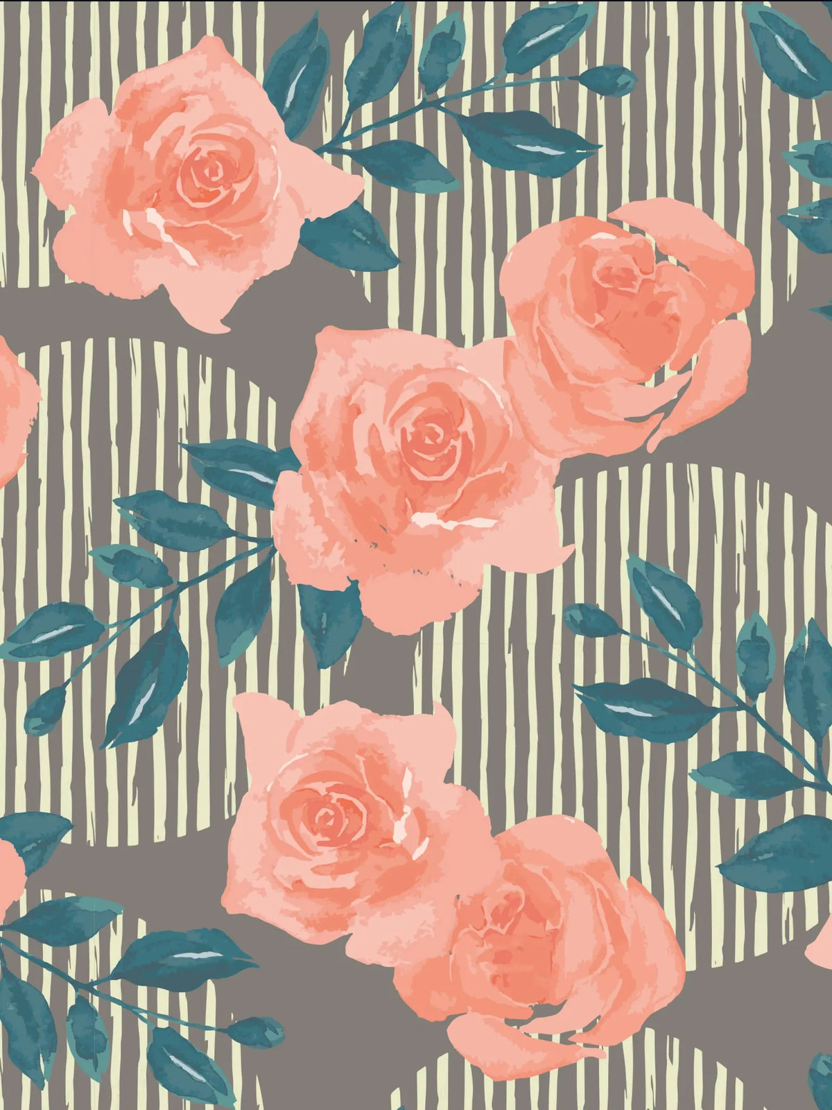 A fabric with a pattern of peach roses and teal leaves on a striped gray background.