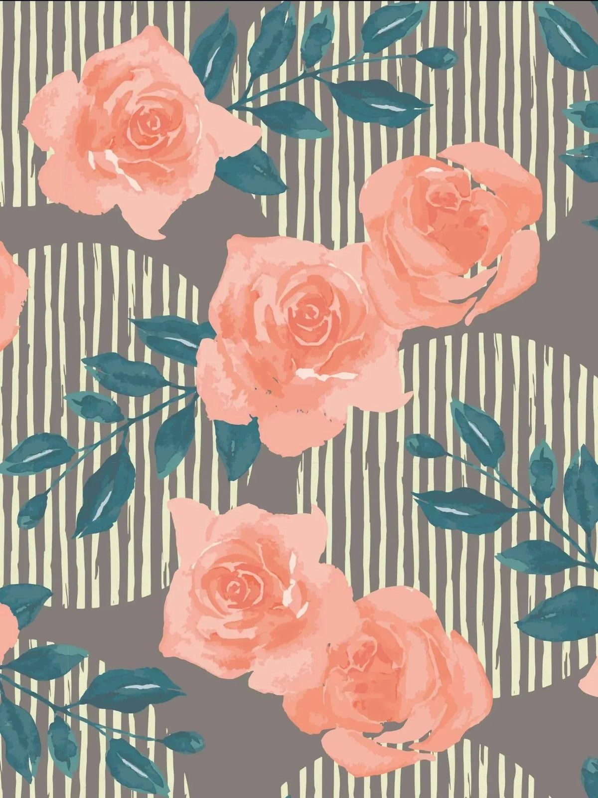 Wild Rose floral print fabric with pink roses and green leaves on gray stripes.