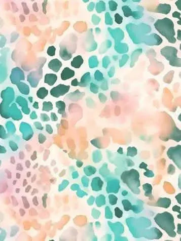 A fabric with a watercolor animal print in teal, peach, pink, and dark green.