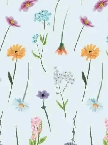 White fabric printed with a pattern of colorful wildflowers and stems.