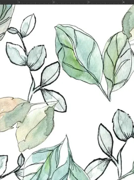 Watercolor illustration of green and blue leaves on a white background.