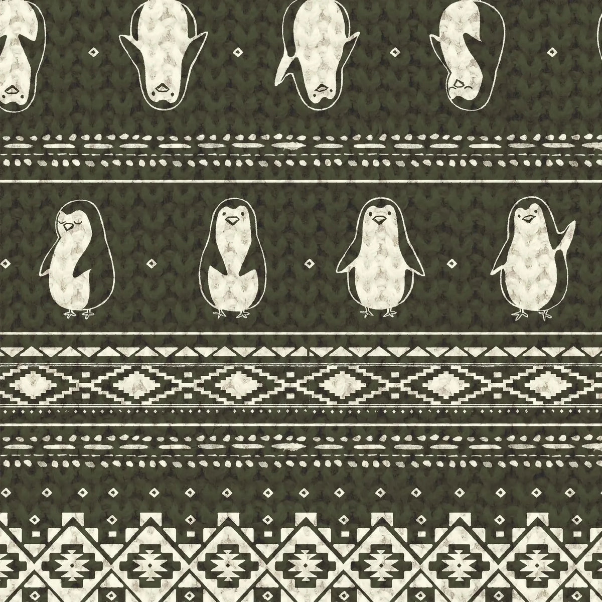 A dark green fabric with white penguins and geometric patterns.
