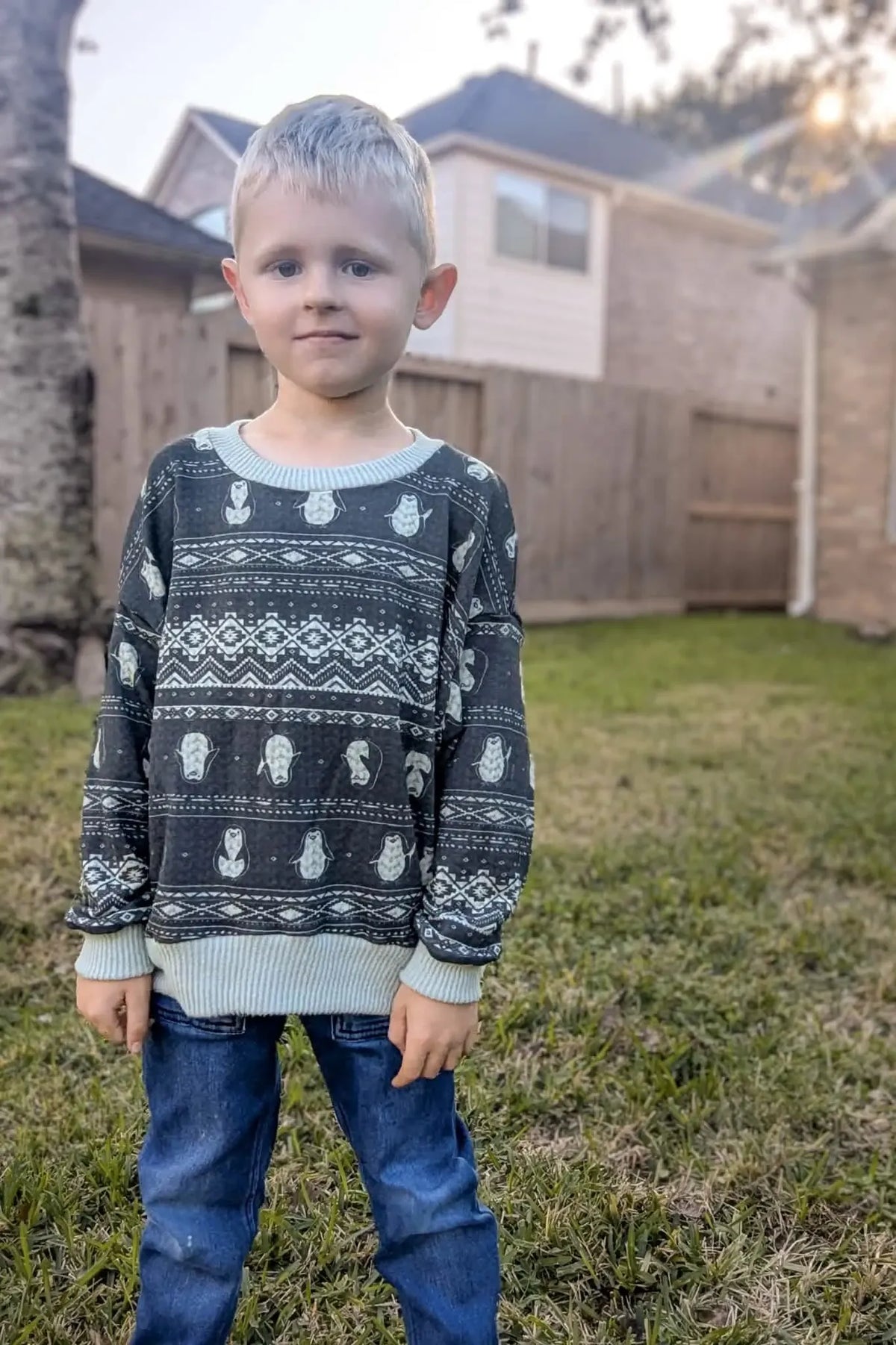 A young boy wears a dark gray sweater with a white penguin and geometric pattern.