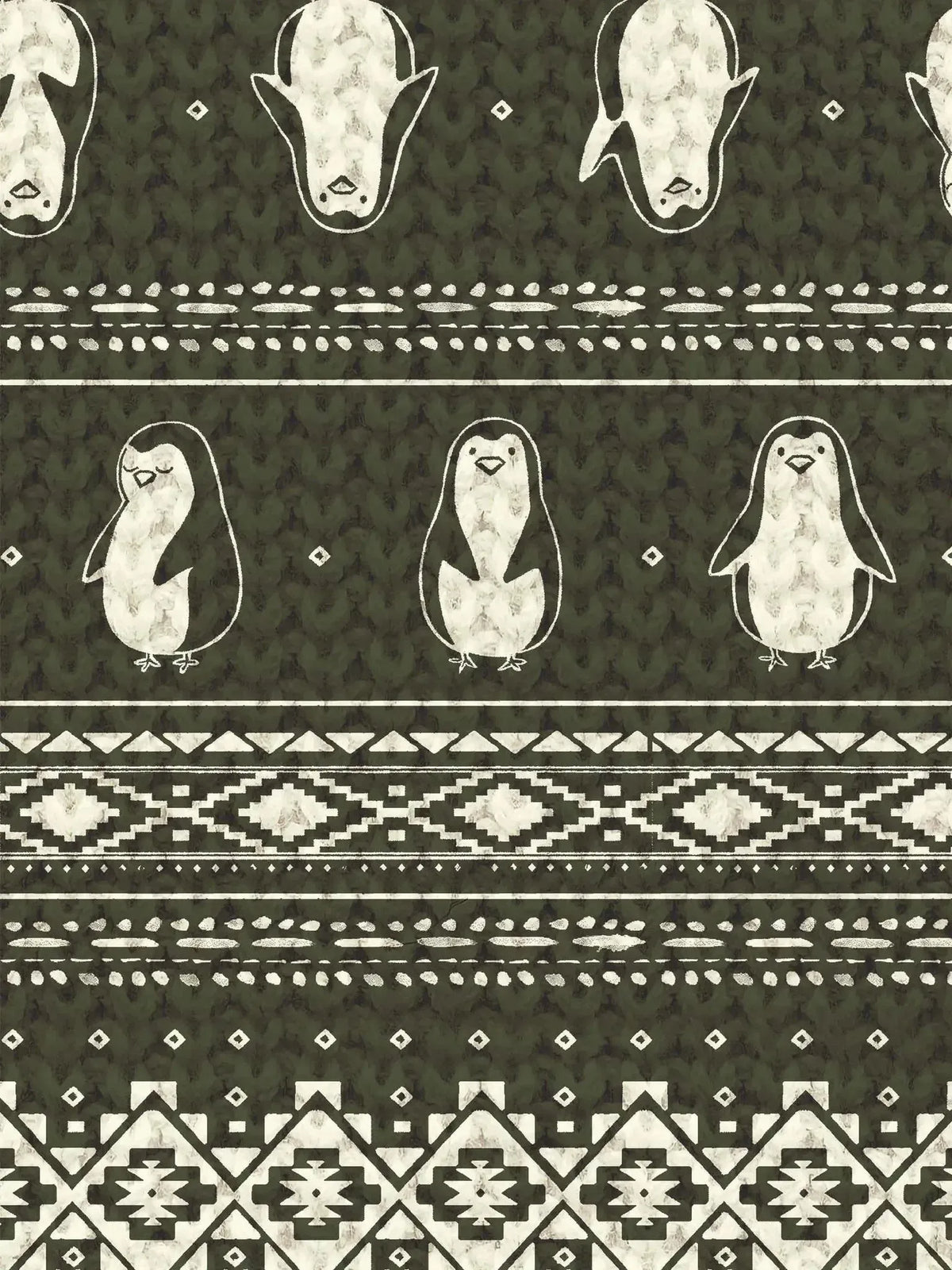 Dark grey fabric with a repeating pattern of black and white cartoon penguins.