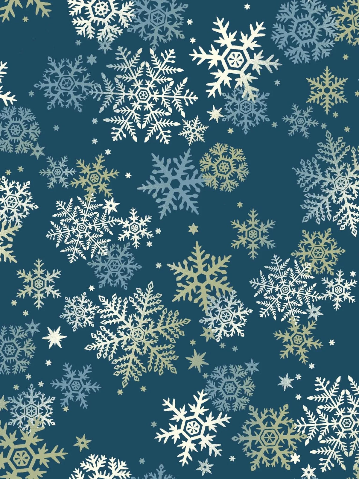 A blue fabric with a pattern of various white, blue, and gold snowflakes.