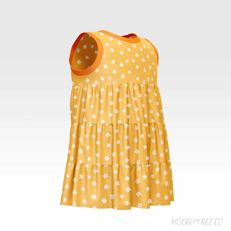 A yellow tiered dress with white floral patterns and orange trim.